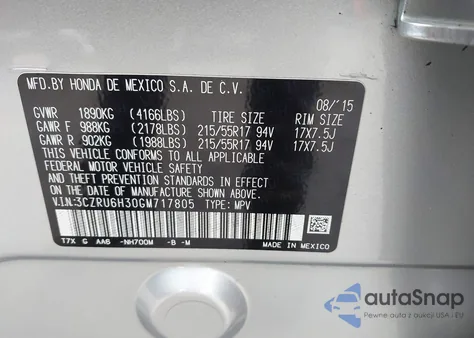 2016 Honda Hr-V Lx z USA, uszkodzony, nr VIN 3CZRU6H30GM717805
